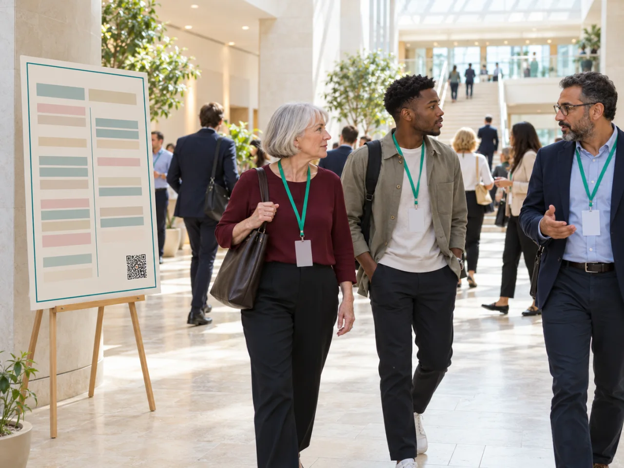 Attendees with lanyards walking past a conference schedule sign with a printed QR code.