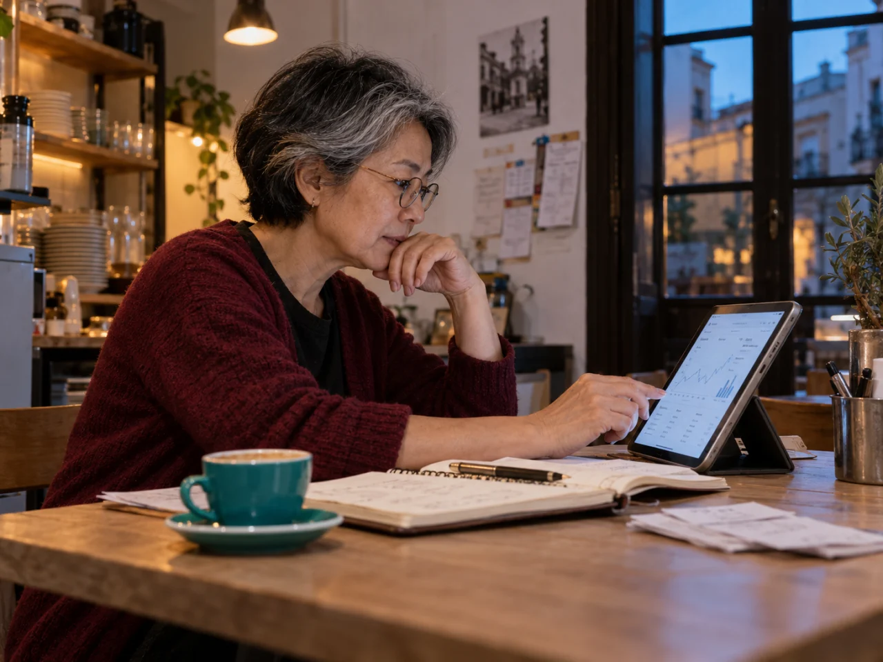 Una propietaria de cafetería consulta gráficos en una tableta sobre una mesa con documentos, un cuaderno y café.
