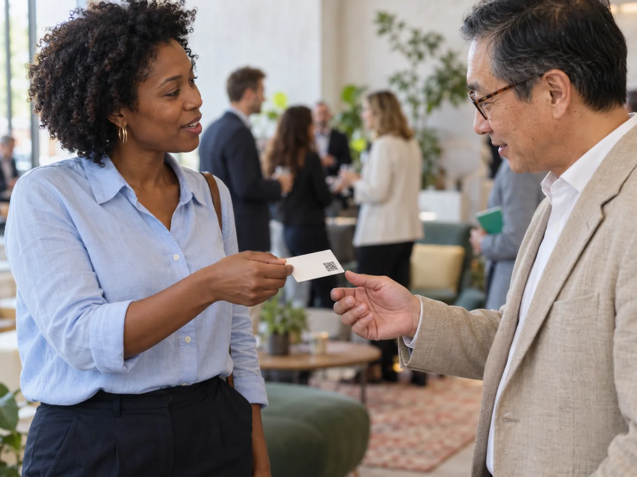 Two professionals exchanging a printed business card with a small QR code.