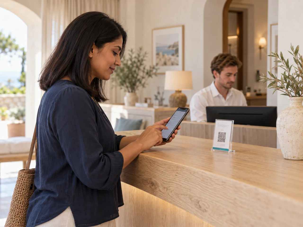 A guest using a phone beside a QR card at a reception desk with a receptionist behind it.