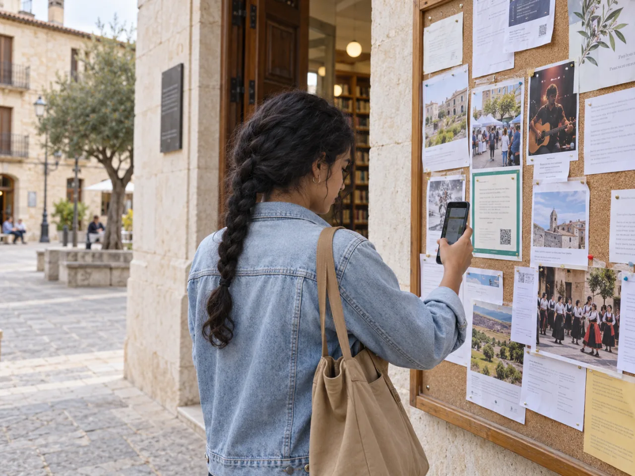 Una persona dirige el móvil hacia un folleto con QR en un tablón de anuncios exterior.