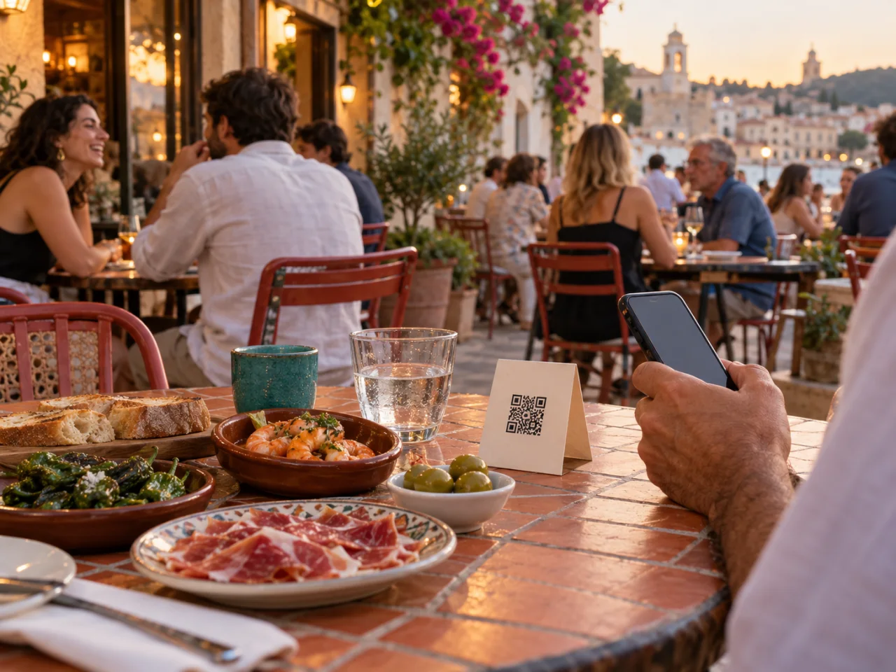 Diners on a restaurant terrace at dusk, with tapas, a QR menu card and a guest holding a phone.