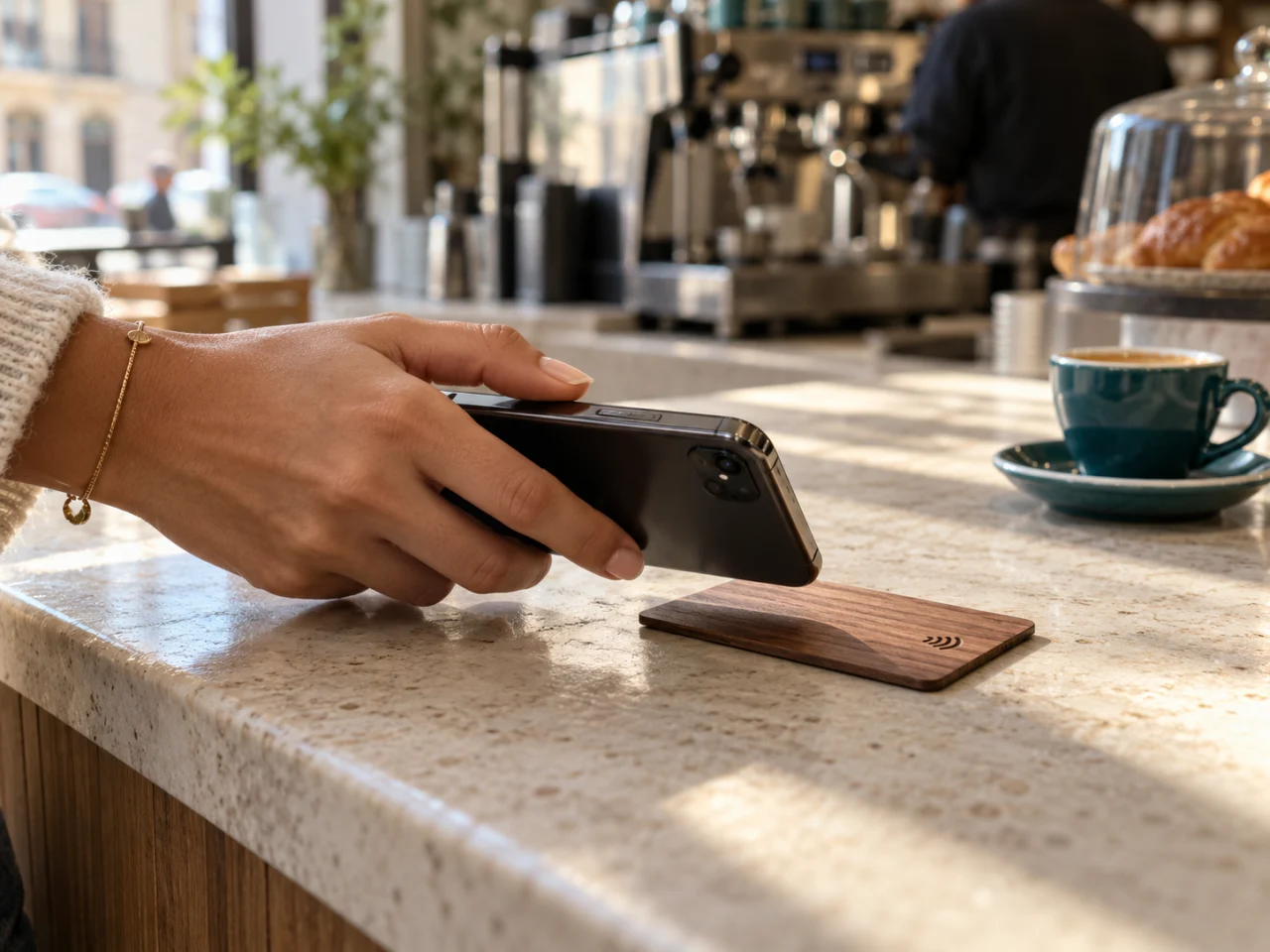 Una mano sostiene un móvil sobre una tarjeta NFC de madera en la barra de una cafetería junto a una taza de café.