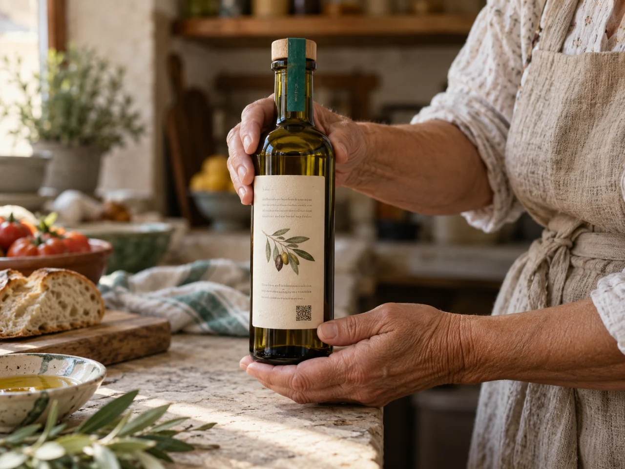 Hände halten in einer Küche eine Olivenölflasche mit QR-Code auf dem Papieretikett.