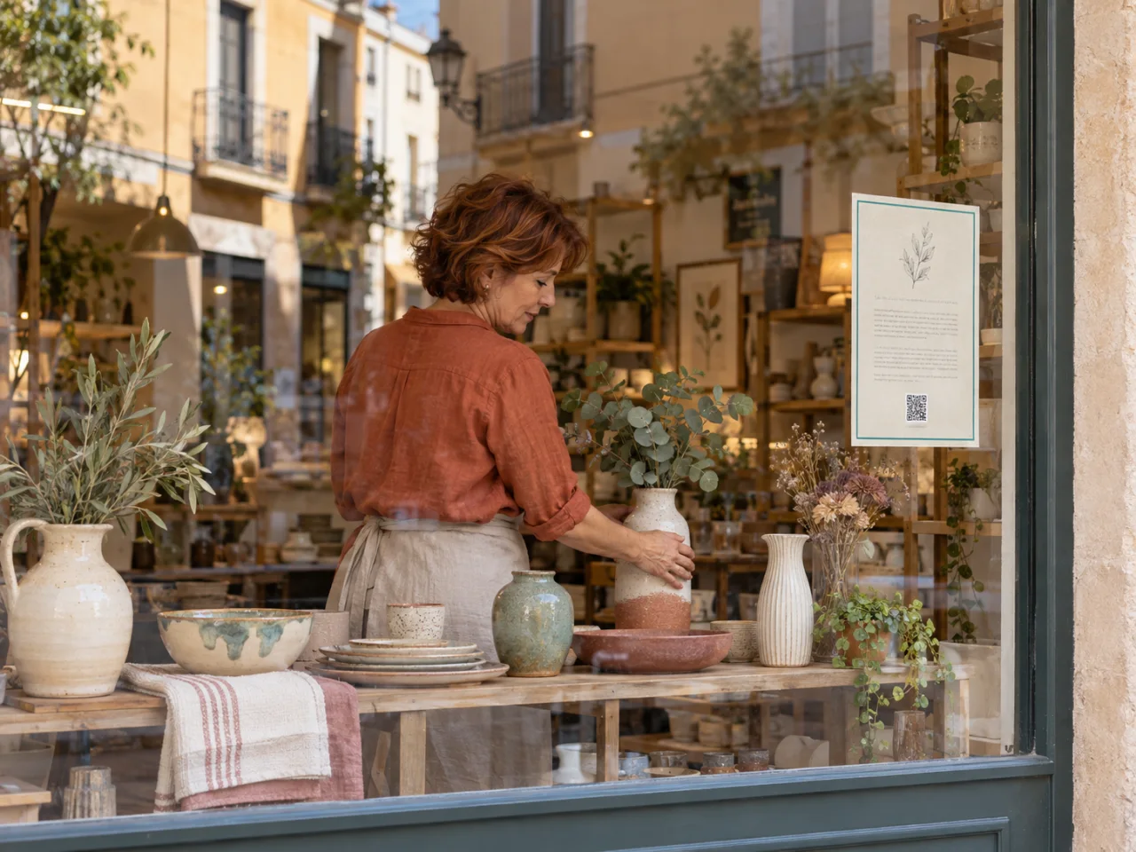 A potter arranging a vase in a shop window beside a poster with a QR code.