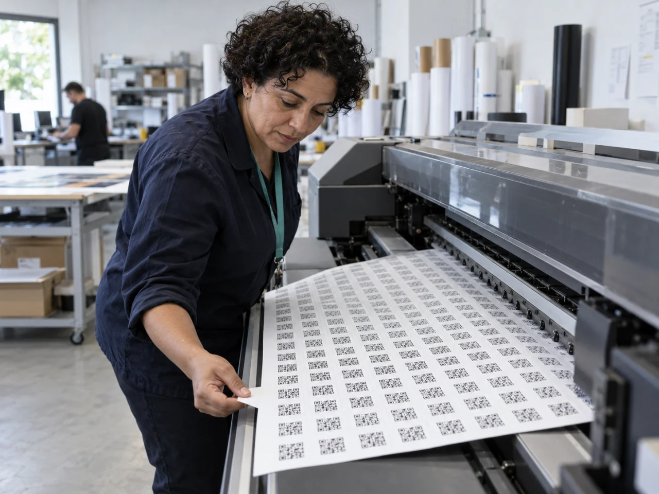 A print worker inspecting a sheet of QR codes emerging from a large printer.