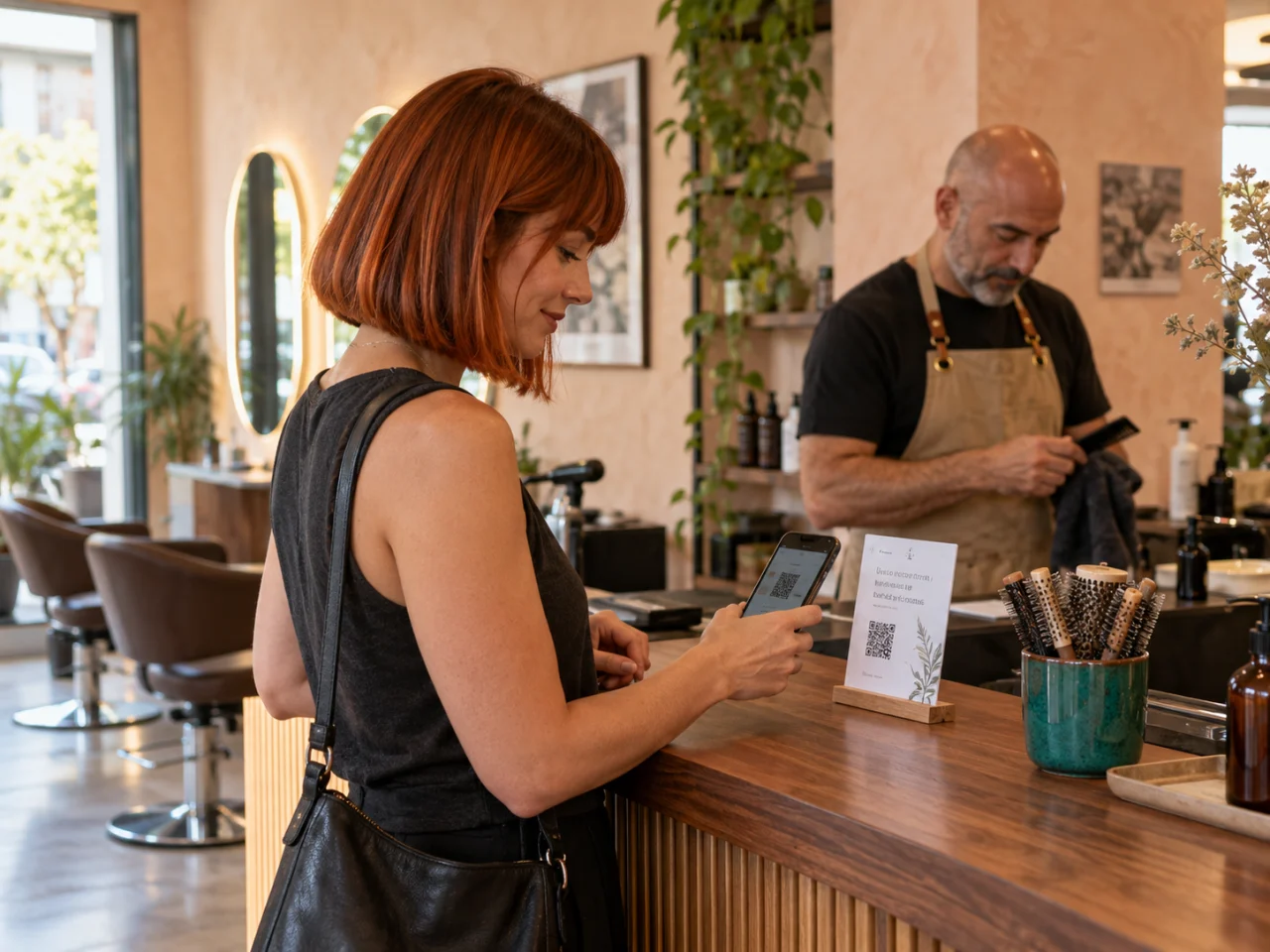 Eine Salonkundin hält ihr Handy neben ein QR-Bewertungsschild auf der Theke, dahinter eine Friseurin.