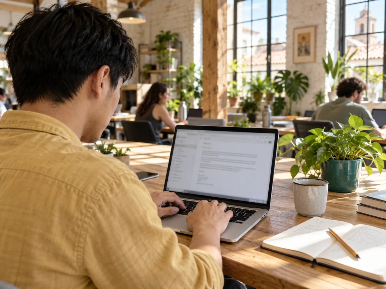 Eine Person schreibt an einem Café-Tisch mit Pflanzen und offenem Notizbuch eine E-Mail am Laptop.