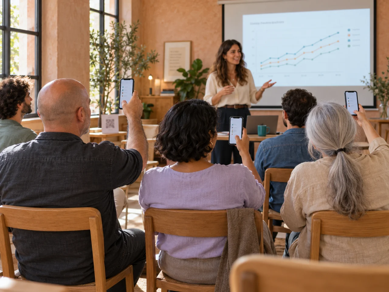 Seated participants holding up phones while a presenter stands beside a projected chart.